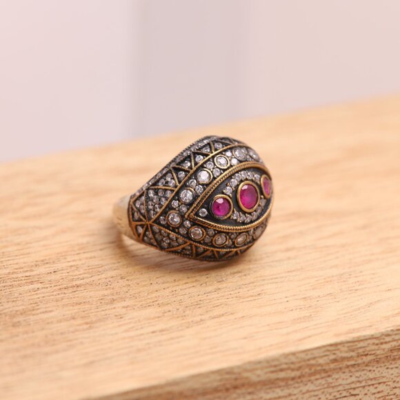 Vintage silver dome ring mix cx stones finger size 8.5 Indian Statement ring - Picture 4 of 7